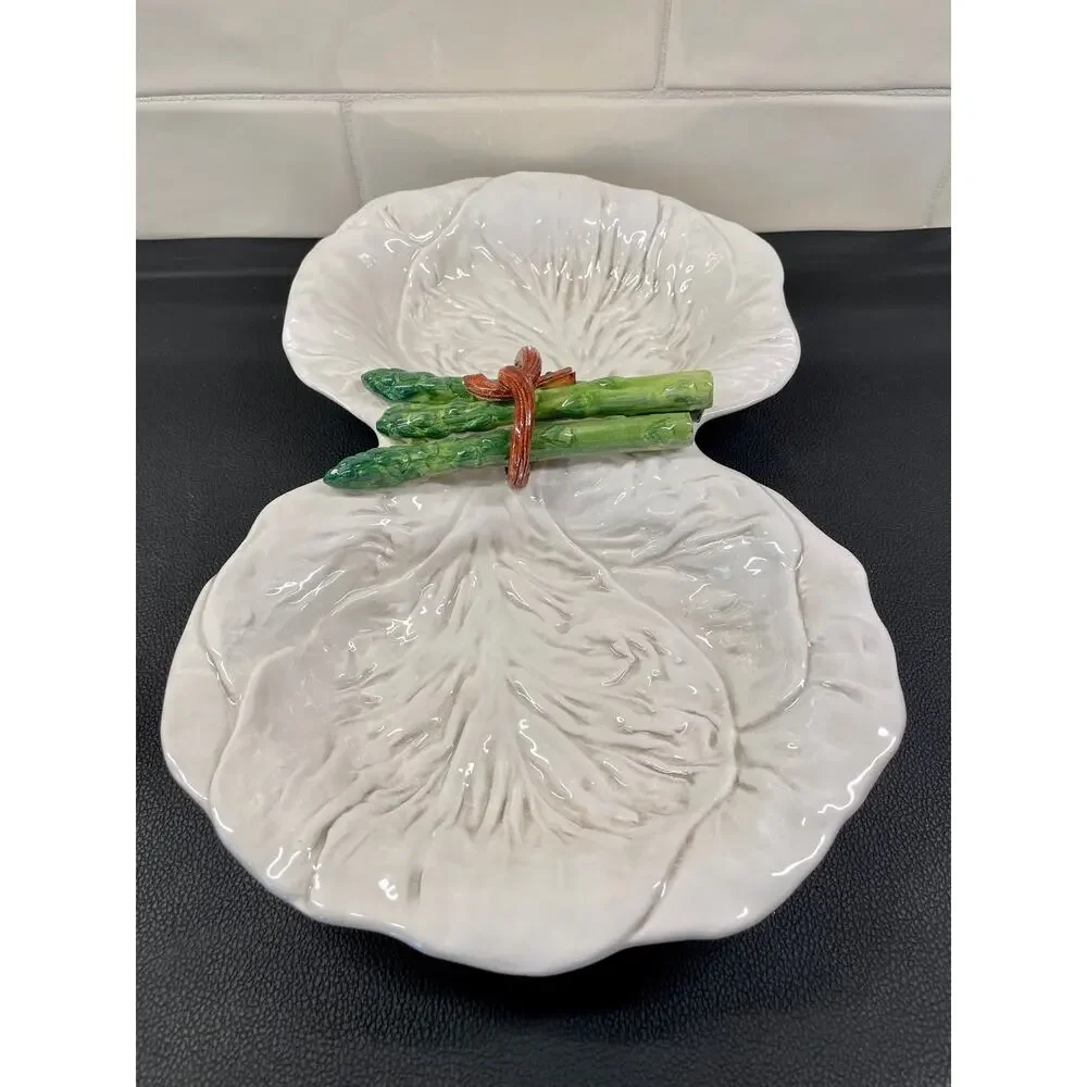 Italian Majolica Vietri Divided White Cabbage Leaf and Asparagus Dish